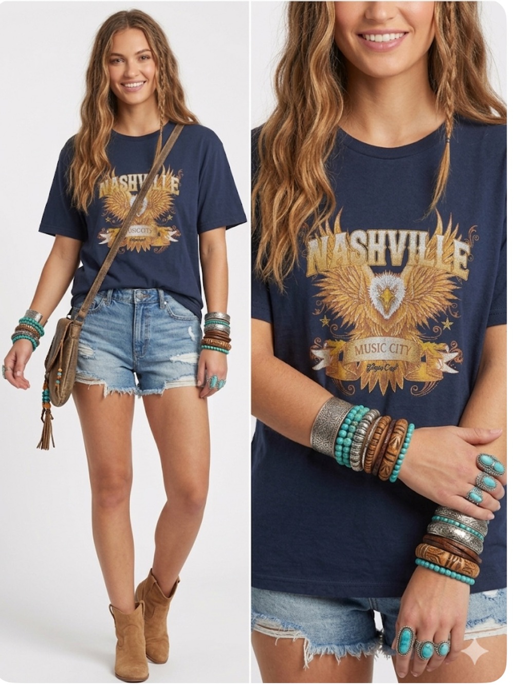 Bohemian Cowgirl Nashville Graphic Tee in Navy Blue